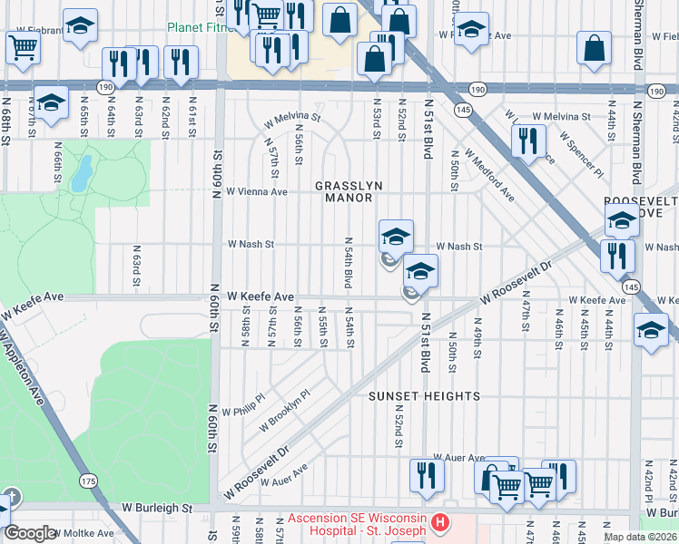 map of restaurants, bars, coffee shops, grocery stores, and more near 3515 North 54th Boulevard in Milwaukee