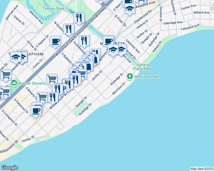 map of restaurants, bars, coffee shops, grocery stores, and more near 1316 Rutledge Street in Madison