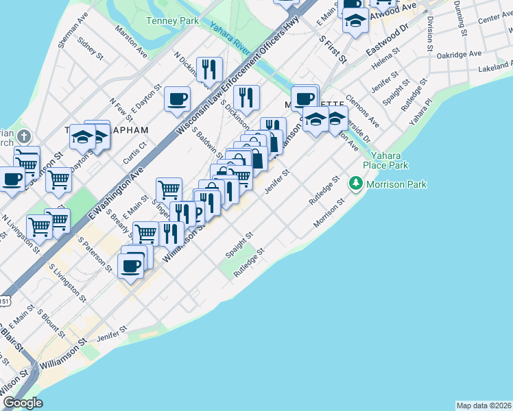 map of restaurants, bars, coffee shops, grocery stores, and more near 1223 Jenifer Street in Madison