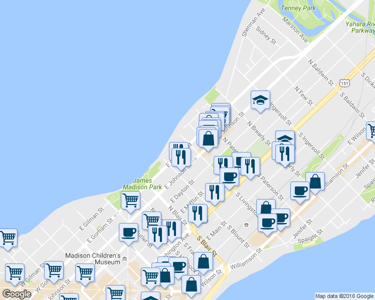 map of restaurants, bars, coffee shops, grocery stores, and more near 736 East Johnson Street in Madison