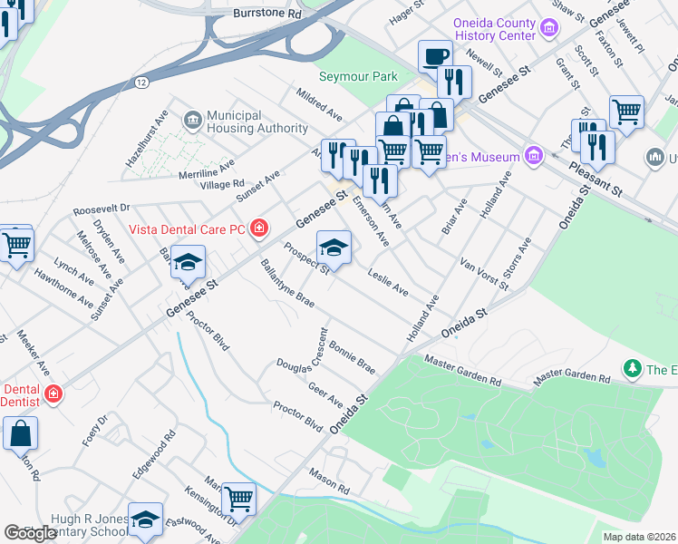 map of restaurants, bars, coffee shops, grocery stores, and more near 26 Prospect Street in Utica
