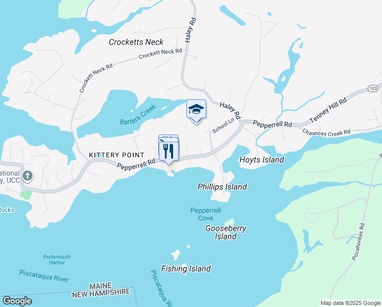 map of restaurants, bars, coffee shops, grocery stores, and more near 103 Pepperrell Road in Kittery