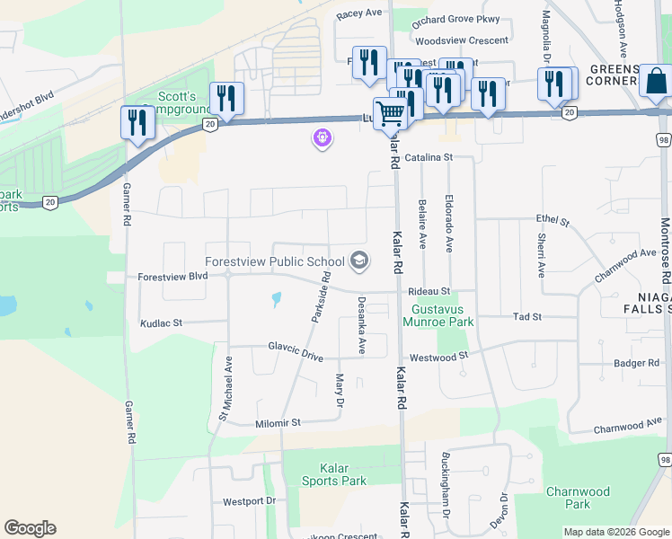 map of restaurants, bars, coffee shops, grocery stores, and more near in Niagara Falls