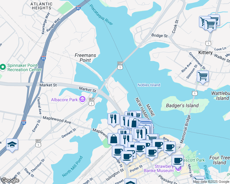 map of restaurants, bars, coffee shops, grocery stores, and more near 555 Market Street in Portsmouth