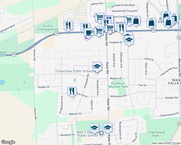 map of restaurants, bars, coffee shops, grocery stores, and more near 6296 Parkside Road in Niagara Falls
