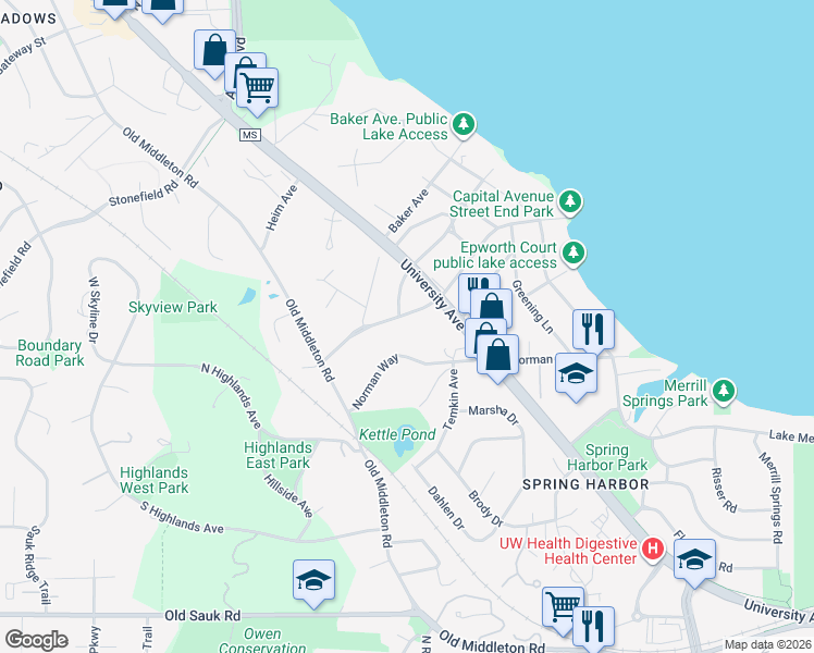 map of restaurants, bars, coffee shops, grocery stores, and more near 1636 Norman Way in Madison