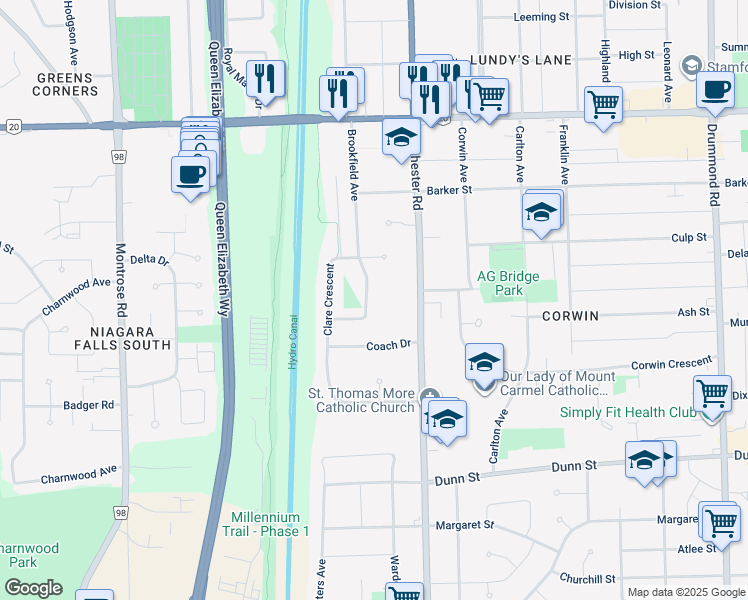 map of restaurants, bars, coffee shops, grocery stores, and more near 6322 Brookfield Avenue in Niagara Falls