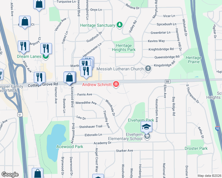 map of restaurants, bars, coffee shops, grocery stores, and more near 4815 Cottage Grove Road in Madison