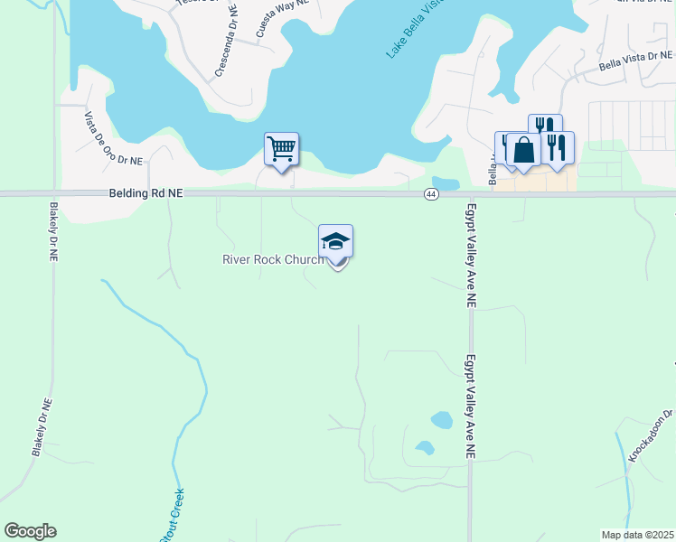 map of restaurants, bars, coffee shops, grocery stores, and more near 6060 Belding Road Northeast in Rockford