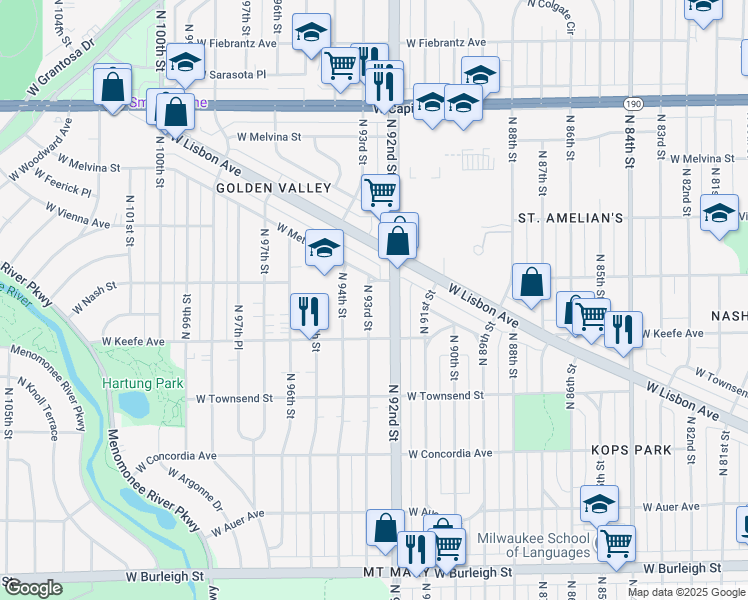 map of restaurants, bars, coffee shops, grocery stores, and more near 3529 North 93rd Street in Milwaukee