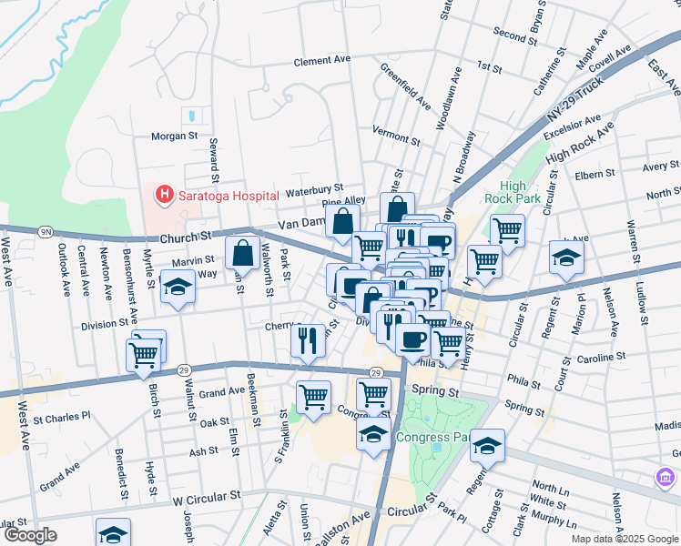 map of restaurants, bars, coffee shops, grocery stores, and more near 14 Thomas Street in Saratoga Springs