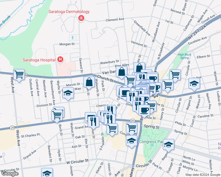 map of restaurants, bars, coffee shops, grocery stores, and more near 1 West Harrison Street in Saratoga Springs
