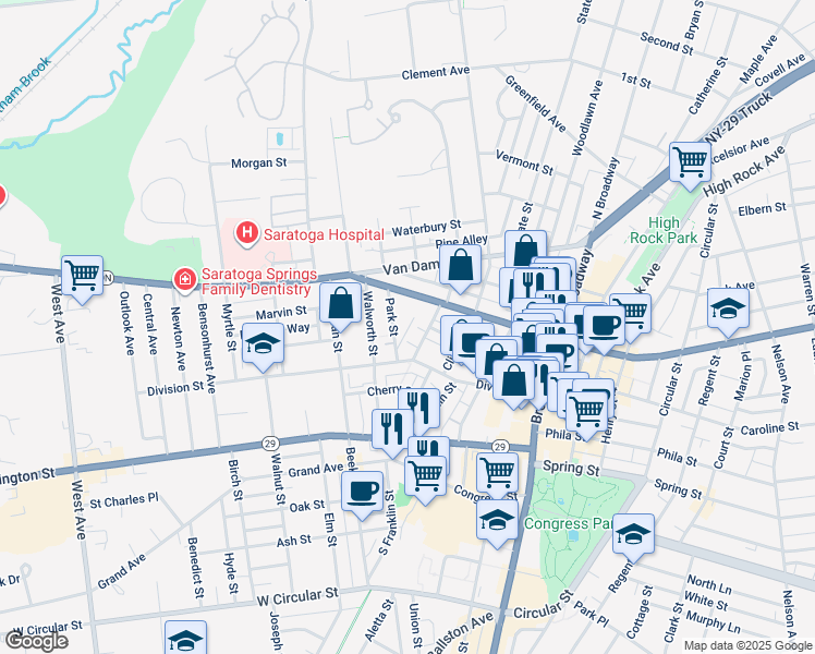 map of restaurants, bars, coffee shops, grocery stores, and more near 1 West Harrison Street in Saratoga Springs