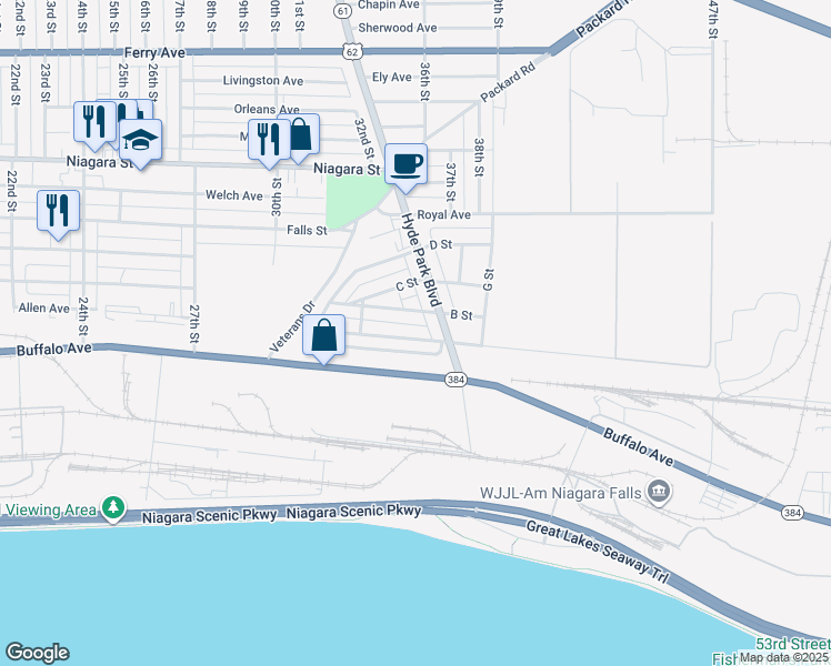 map of restaurants, bars, coffee shops, grocery stores, and more near 20 A Street in Niagara Falls