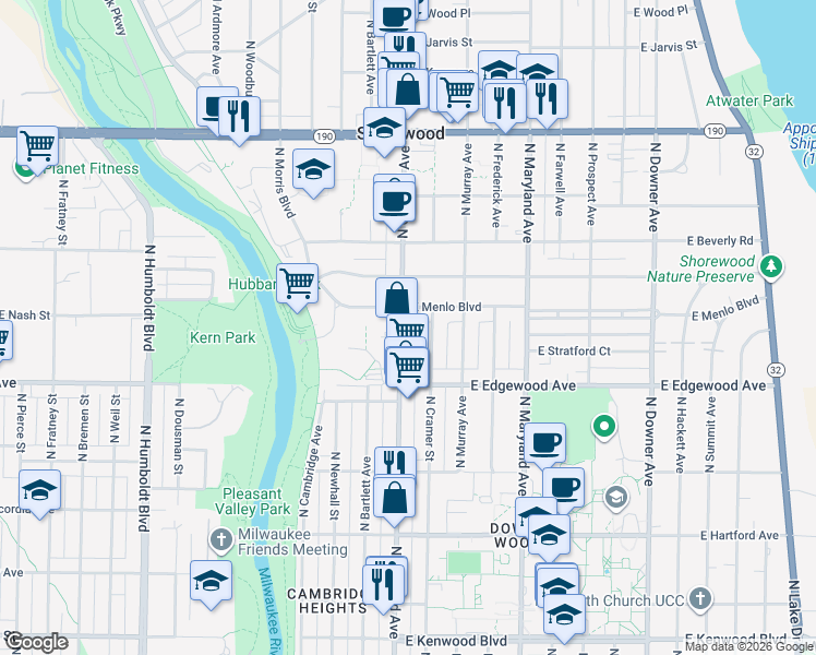 map of restaurants, bars, coffee shops, grocery stores, and more near 1700 East River Park Court in Shorewood