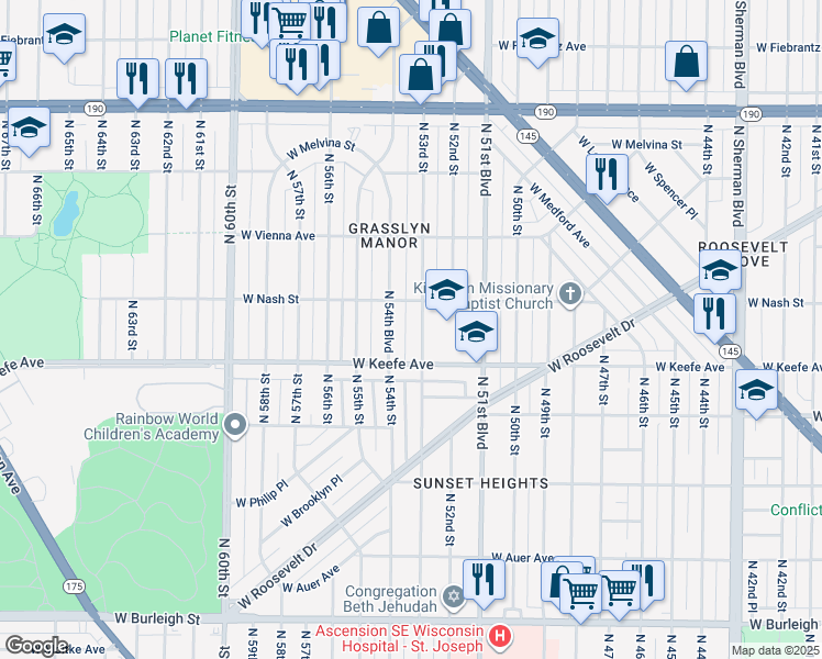 map of restaurants, bars, coffee shops, grocery stores, and more near 3503 North 53rd Street in Milwaukee