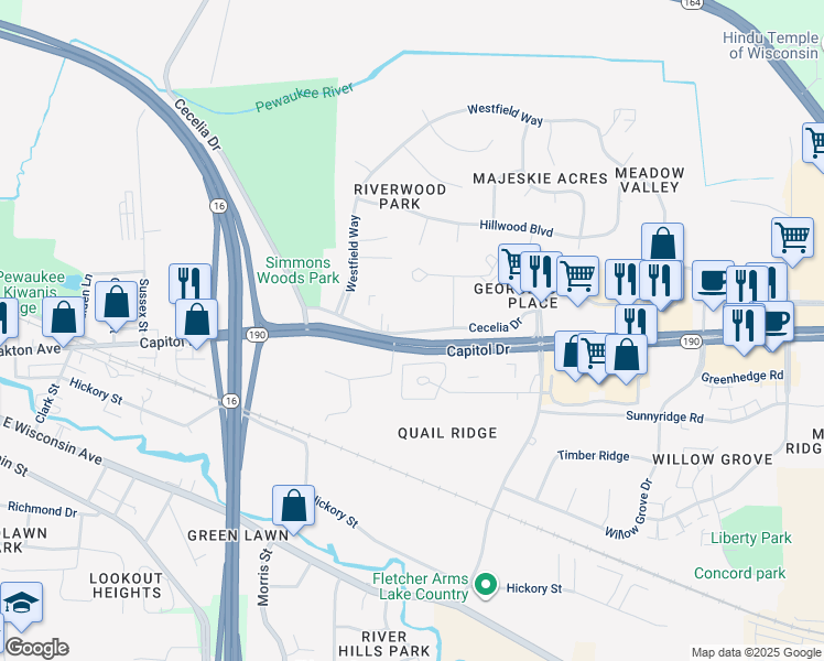 map of restaurants, bars, coffee shops, grocery stores, and more near 1023 Cecelia Drive in Pewaukee