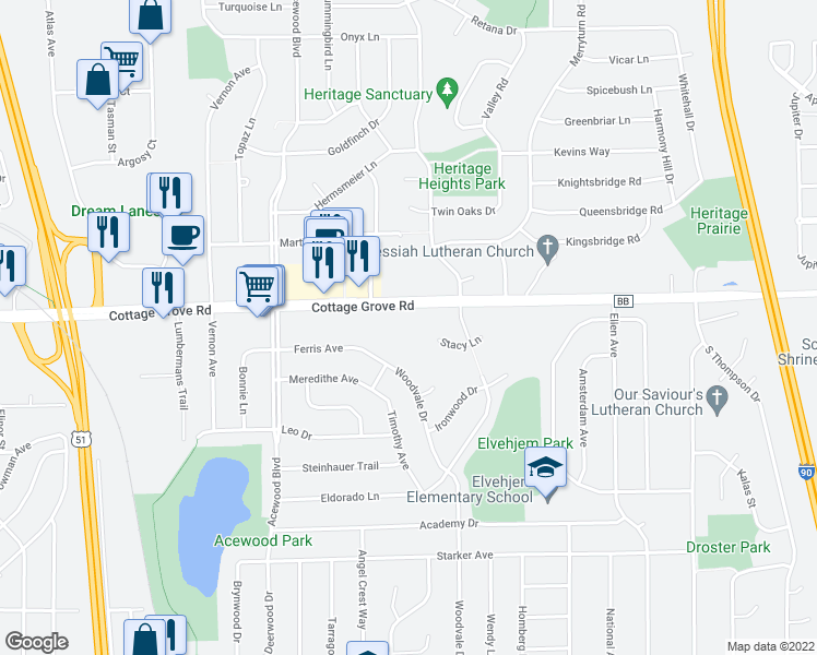 map of restaurants, bars, coffee shops, grocery stores, and more near 4828 Ferris Avenue in Madison