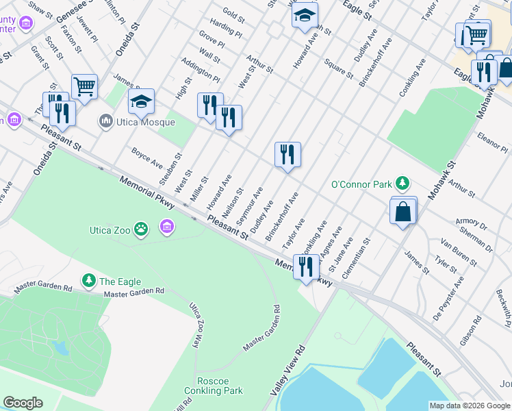 map of restaurants, bars, coffee shops, grocery stores, and more near 1683 Seymour Avenue in Utica