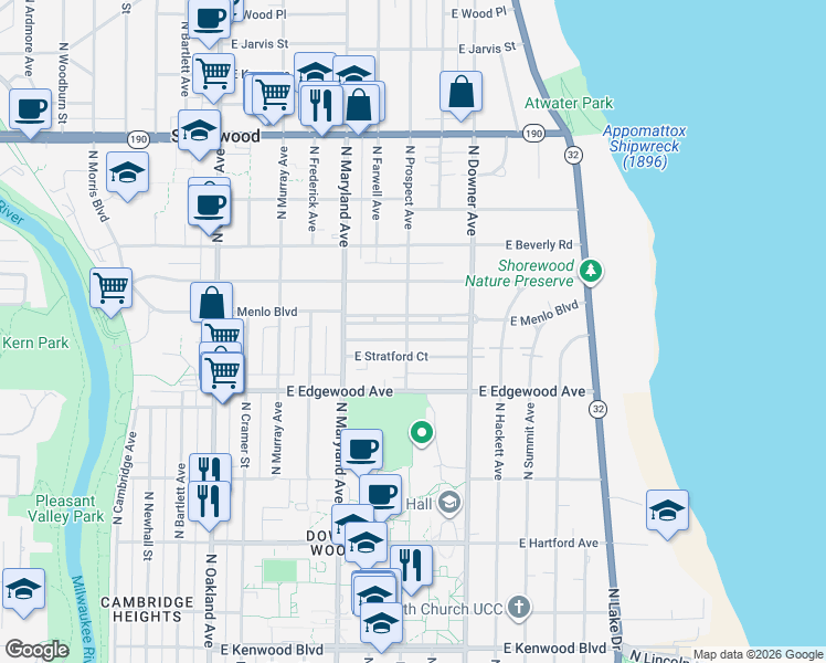 map of restaurants, bars, coffee shops, grocery stores, and more near 3554 North Prospect Avenue in Shorewood