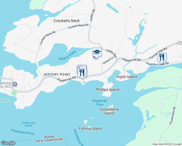 map of restaurants, bars, coffee shops, grocery stores, and more near 98 Pepperrell Road in Kittery