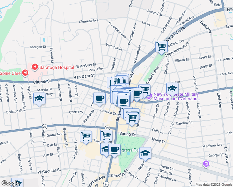 map of restaurants, bars, coffee shops, grocery stores, and more near 21 Church Street in Saratoga Springs