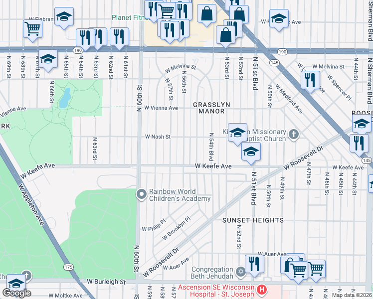 map of restaurants, bars, coffee shops, grocery stores, and more near 3602 North 56th Street in Milwaukee