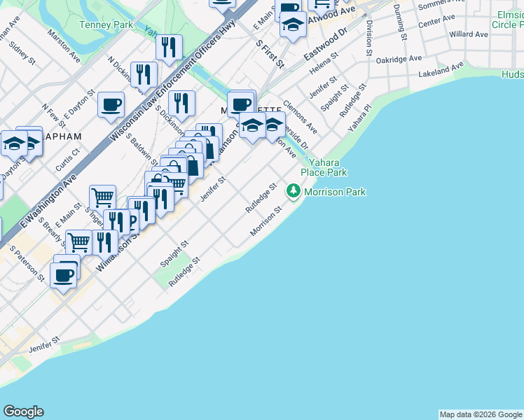 map of restaurants, bars, coffee shops, grocery stores, and more near 1344 Morrison Street in Madison
