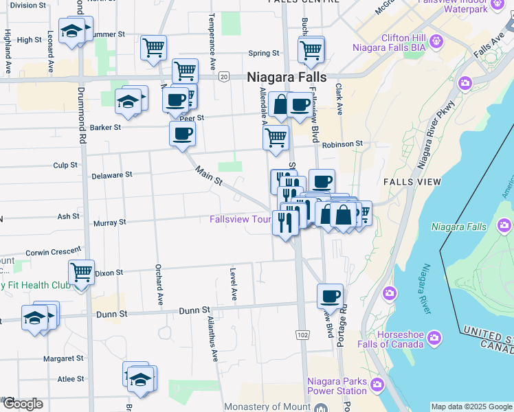 map of restaurants, bars, coffee shops, grocery stores, and more near 5687 Murray Street in Niagara Falls