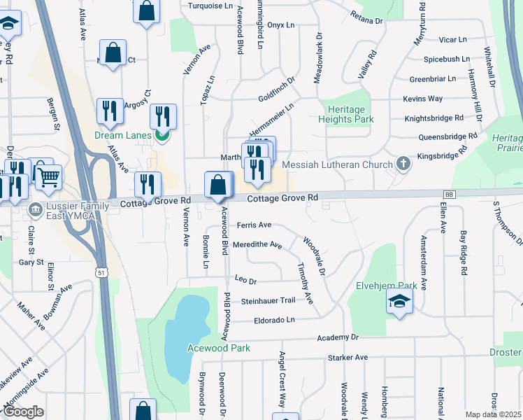 map of restaurants, bars, coffee shops, grocery stores, and more near 4713 Cottage Grove Road in Madison