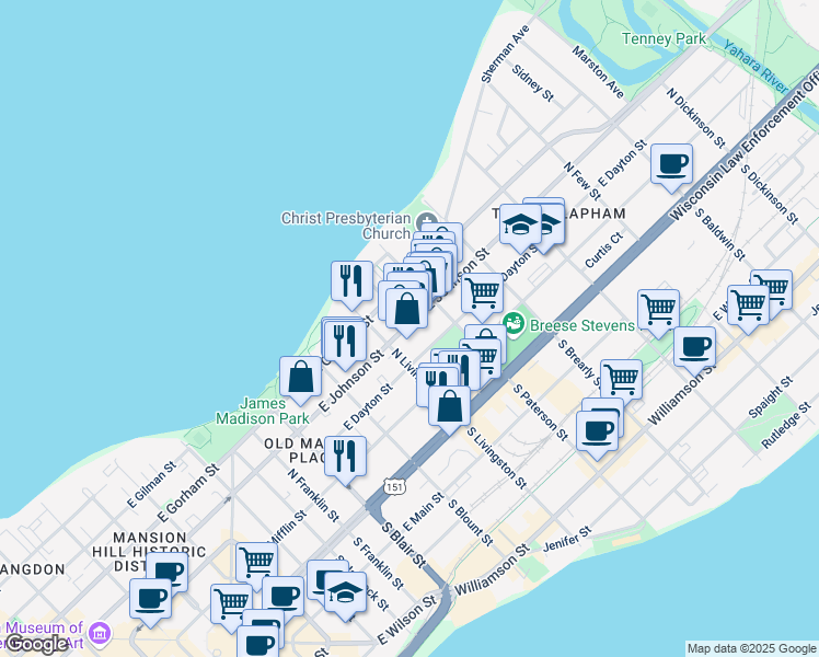 map of restaurants, bars, coffee shops, grocery stores, and more near 823 East Johnson Street in Madison