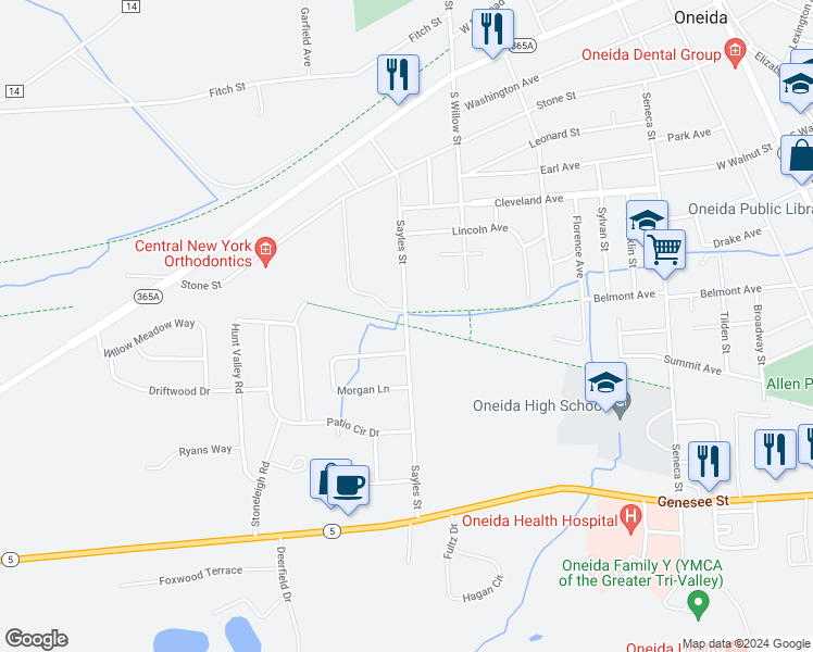 map of restaurants, bars, coffee shops, grocery stores, and more near 501 Sayles Street in Oneida
