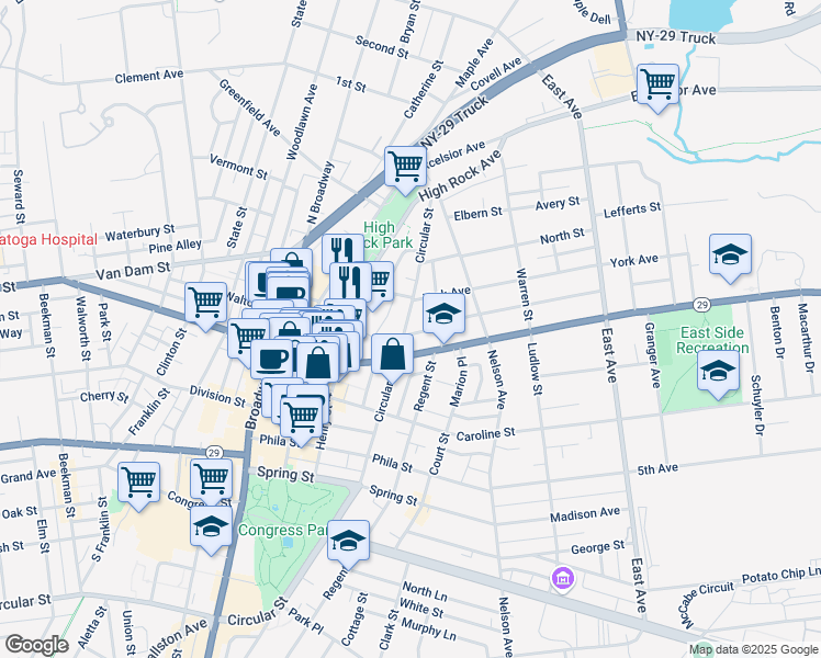 map of restaurants, bars, coffee shops, grocery stores, and more near 156 Circular Street in Saratoga Springs