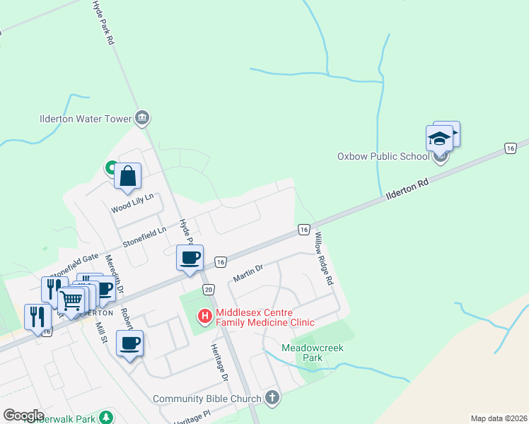 map of restaurants, bars, coffee shops, grocery stores, and more near 117 Basil Crescent in Middlesex Centre