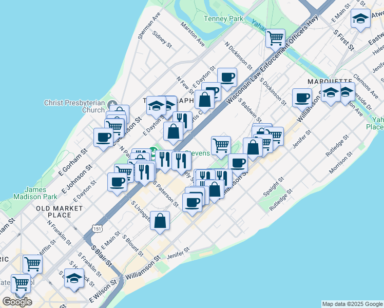 map of restaurants, bars, coffee shops, grocery stores, and more near 1011 East Main Street in Madison