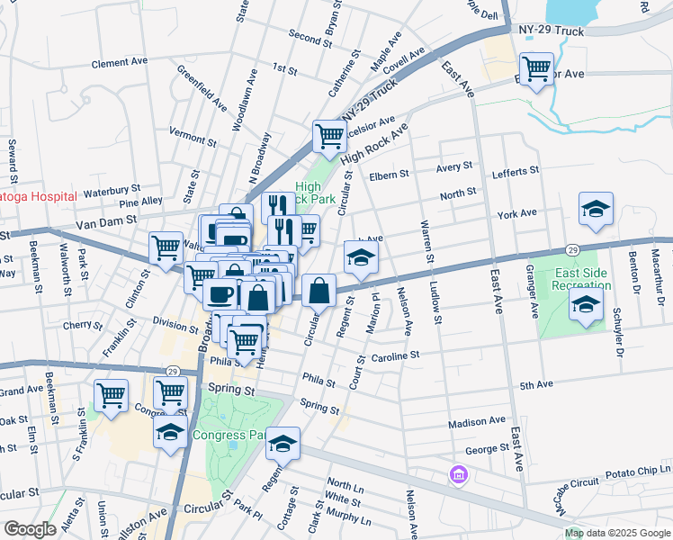 map of restaurants, bars, coffee shops, grocery stores, and more near 160 Circular Street in Saratoga Springs