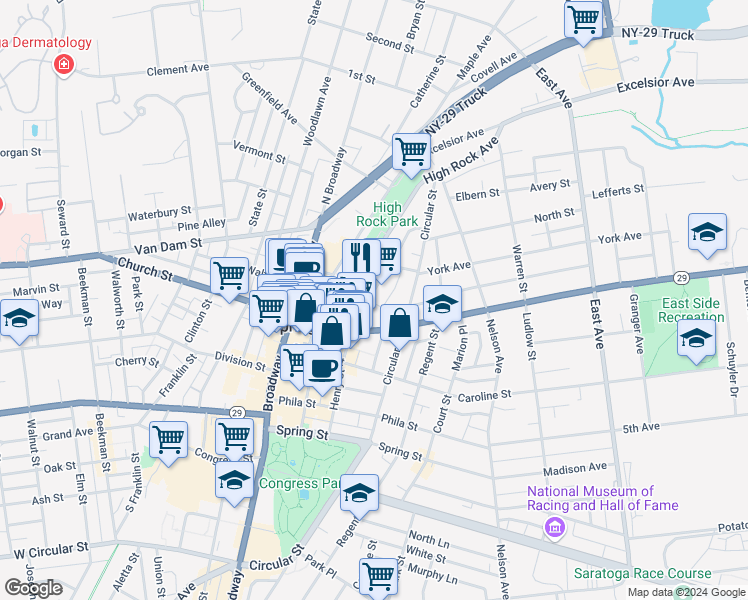 map of restaurants, bars, coffee shops, grocery stores, and more near 128 Henry Street in Saratoga Springs