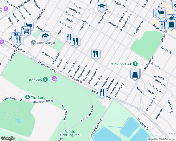 map of restaurants, bars, coffee shops, grocery stores, and more near 1658 Brinckerhoff Avenue in Utica