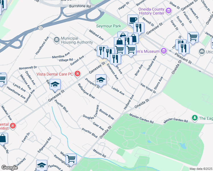 map of restaurants, bars, coffee shops, grocery stores, and more near 45 Prospect Street in Utica