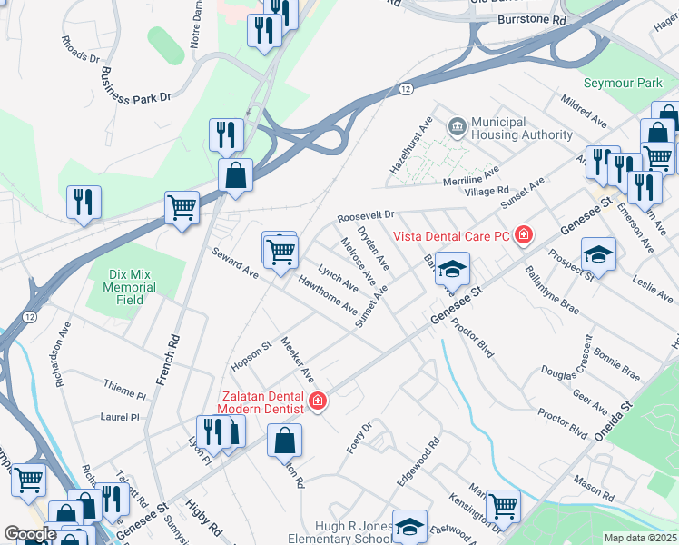 map of restaurants, bars, coffee shops, grocery stores, and more near 109 Lynch Avenue in Utica