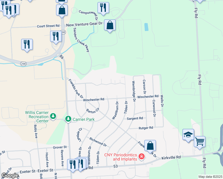 map of restaurants, bars, coffee shops, grocery stores, and more near 507 Winchester Road in East Syracuse
