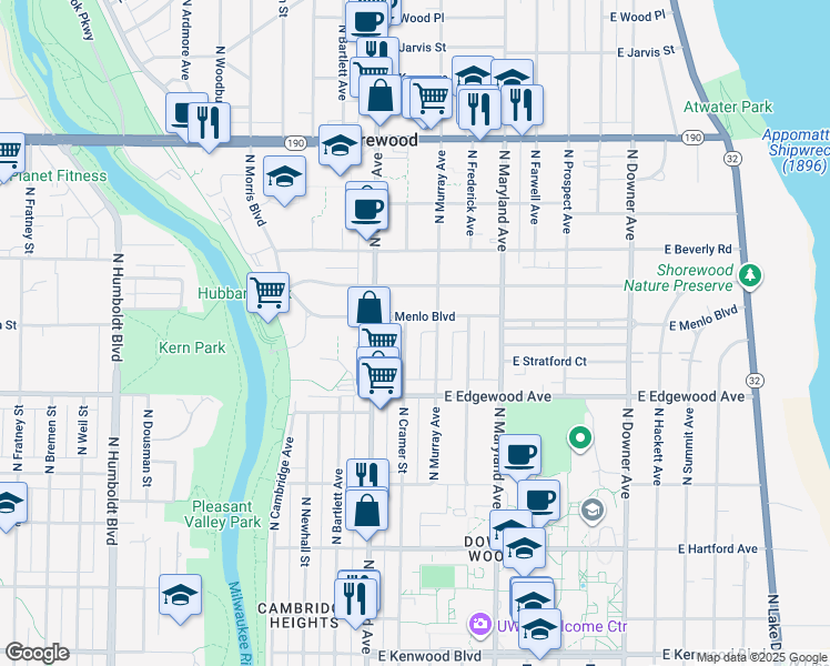 map of restaurants, bars, coffee shops, grocery stores, and more near 3533 North Cramer Street in Shorewood