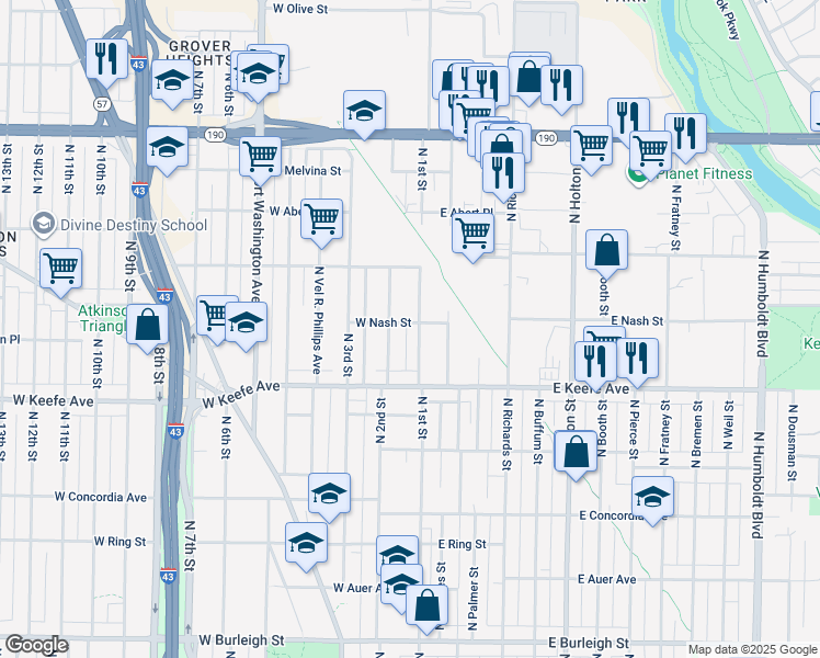 map of restaurants, bars, coffee shops, grocery stores, and more near 3542 North 2nd Street in Milwaukee