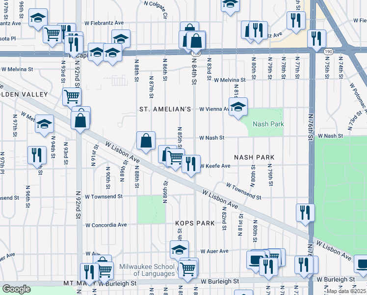 map of restaurants, bars, coffee shops, grocery stores, and more near 3522 North 85th Street in Milwaukee
