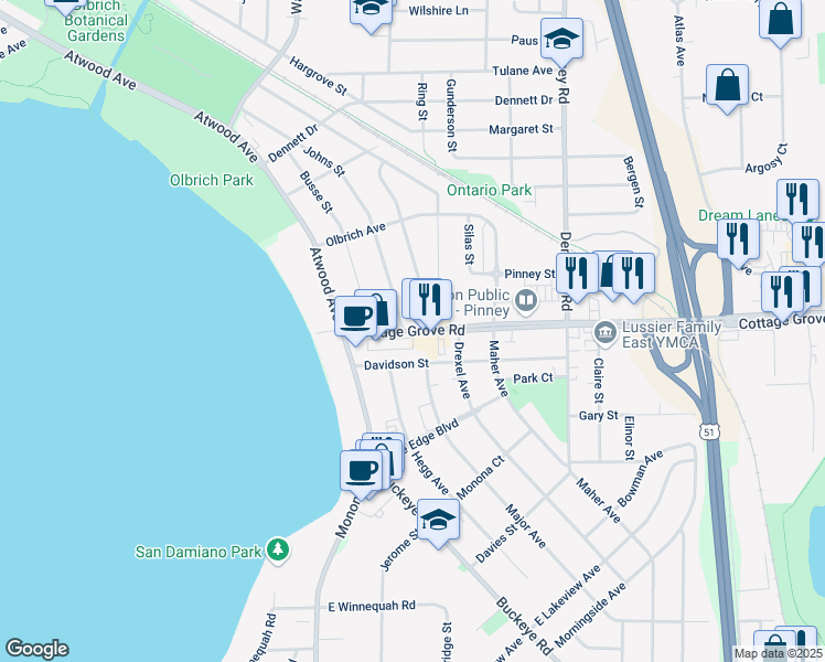 map of restaurants, bars, coffee shops, grocery stores, and more near 219 Cottage Grove Road in Madison