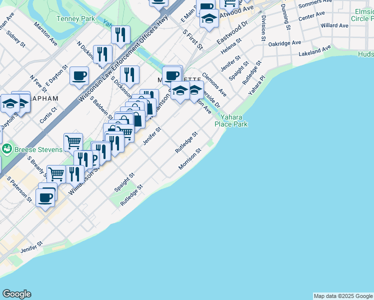 map of restaurants, bars, coffee shops, grocery stores, and more near 1344 Morrison Street in Madison
