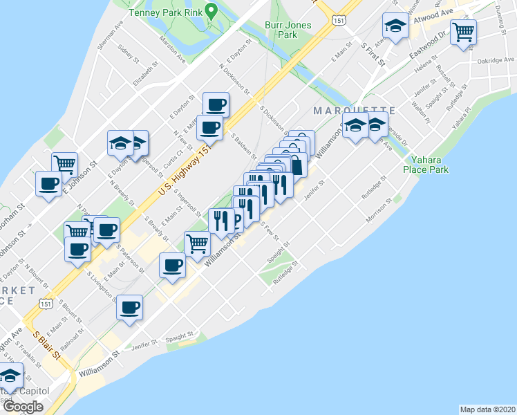 map of restaurants, bars, coffee shops, grocery stores, and more near 406 South Few Street in Madison
