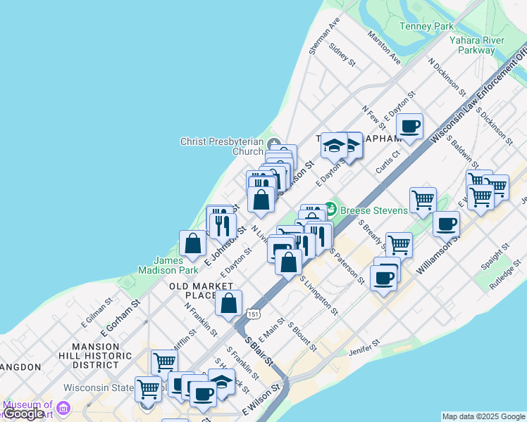 map of restaurants, bars, coffee shops, grocery stores, and more near 823 East Johnson Street in Madison