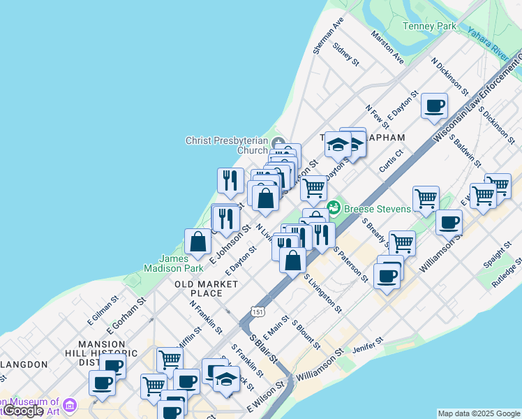 map of restaurants, bars, coffee shops, grocery stores, and more near 215 North Livingston Street in Madison