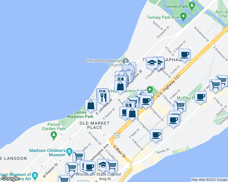 map of restaurants, bars, coffee shops, grocery stores, and more near 215 North Livingston Street in Madison